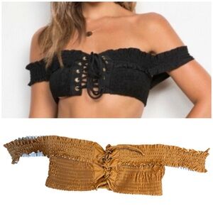 Etophe Studios off the shoulder mustard yellow lace-up front smock bikini top L